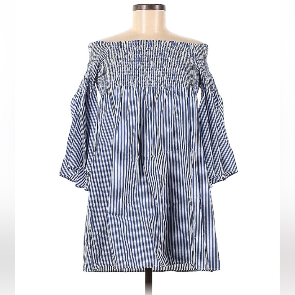Zara off shoulder smocked blue nautical stripe tunic top dress blue white cotton